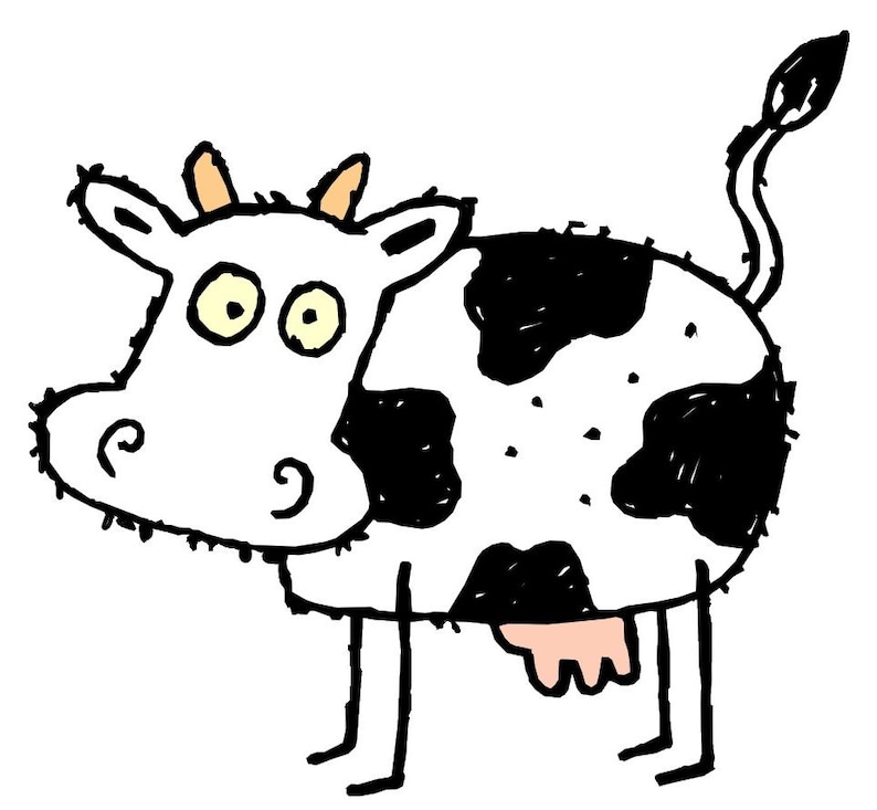 May include: A simple line drawing of a black and white cow with orange ears. The cow has large, round eyes and a pink udder.