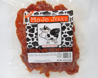 MoJo Jerky "Chicken Jerky" Buffalo Wing Flavor  100% Smoked Chicken Breast  - 1/4 lb Bag Handcrafted Gourmet Non-Beef Non-Turkey Jerky USA