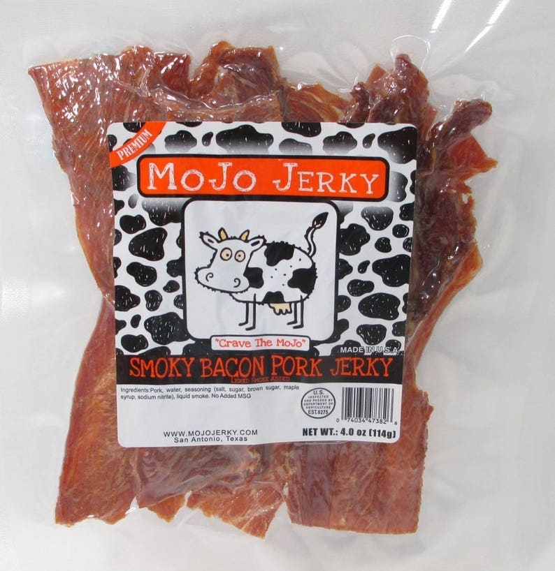 Mojo Jerky smoky Bacon Pork Loin Jerky Mild With Smoked Bacon Taste 1/4 Lb Bag Handcrafted