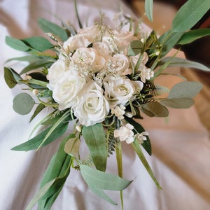 White Silk Rose Wedding Bouquet with Eucalyptus & Boutonniere