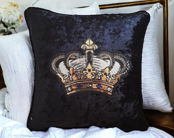 Sequin Crown King Queen Cushion Housing Gift Crown Patch Pillow Decorer Sofa Velvet Cushion Embroidered Pillow Gifted House Warming