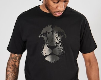 Lion Face T-Shirt | Organic Cotton Top | Wildlife Graphic Tee | Black Lion Shirt