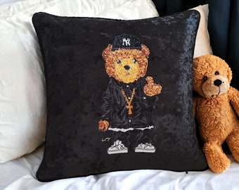 Bear Cushion Faurfur Teddy Bear patch Sofa Pillow Velvet NYC Gift Bear Appliqued Patch Sofa Velvet Cushion Gifted House Warming Housing Gift