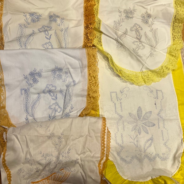 Vintage Unfinished Floral Stamped Embroidery Cotton Table Runners with Yellow Lace Edging Lot of Five Table Runners