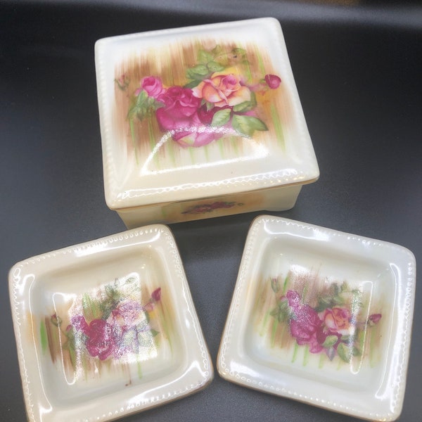 Vintage Rose Trinket/cigarette box with two dishes/ash trays made in Japan