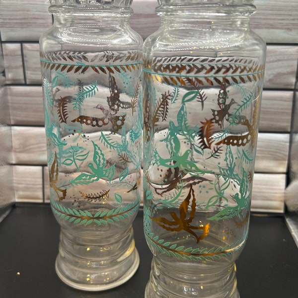 Pair of 1950s Apothecary Jars without lids Gold & Turquoise Birds Jeannette Glass mid century modern