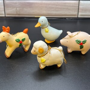 Set of Four Vintage Homco Farm Animal Christmas Ornaments Goose Pig Sheep Reindeer