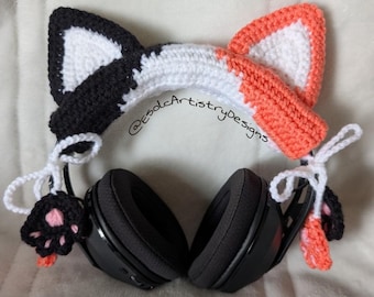 Housse pour casque d'écoute de chat en calicot au crochet | Accessoires pour casque d'écoute au crochet faits main