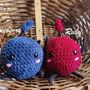 Peut inclure: Deux peluches en crochet en forme de myrtilles et de cerises. La myrtille est bleue avec des yeux noirs et des joues roses. La cerise est rouge avec des yeux noirs et des joues roses. Les jouets sont dans un panier en osier. La myrtille est &eacute;tiquet&eacute;e "Blueberry" et la cerise est &eacute;tiquet&eacute;e "Ruby".