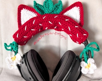 Strawberry Cat Ear Headset Cover | Handmade Crochet Headphones Accessory | International Shipping!