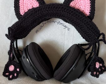 Protège-oreillettes au crochet avec breloques patte de chat | Accessoire pour casque fait main