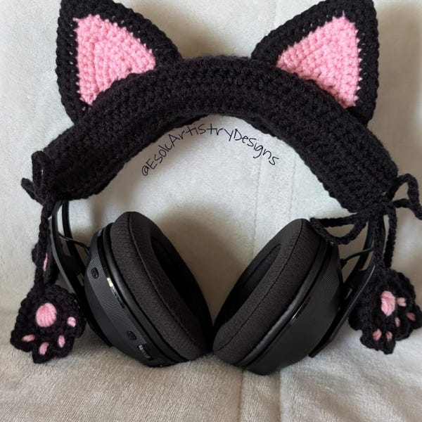 Crochet Cat Ear Headset Cover with Paw Charms | Handmade Headphone Accessory