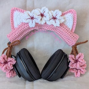 Cherry Blossom Cat Ear Headset Cover | Handmade Crochet Headphones Cover Accessories