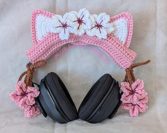 Housse pour casque d'oreille de chat en fleurs de cerisier | Accessoires pour casque d'écoute au crochet faits main