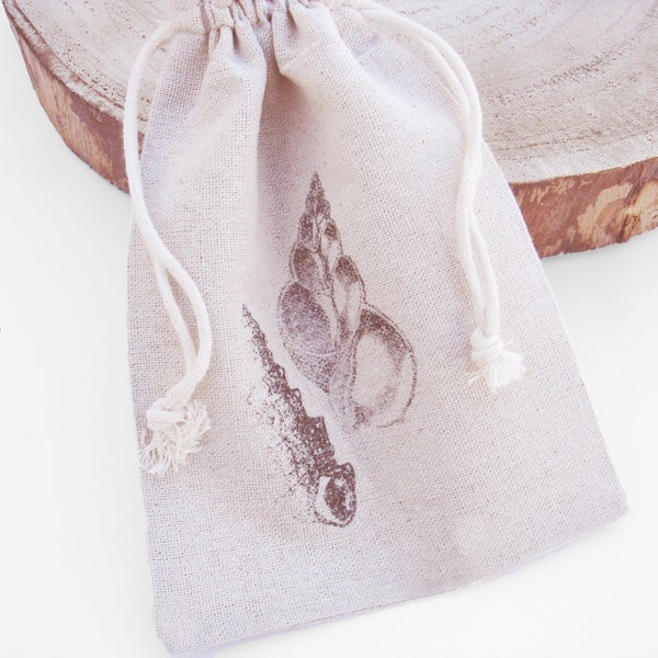 Stamped Pouch Bag - Beach Seashells, Linen Drawstring bag, Rustic Cotton - 13x18 cm