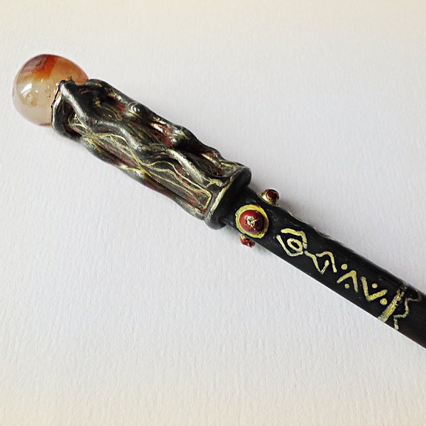 Black Hair Stick with Agate Stone, Hand painted in Black Gold and Red