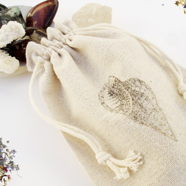 Seashell Pouch Bag - Natural Linen Drawstring bag, Rustic Cotton - 13x18 cm