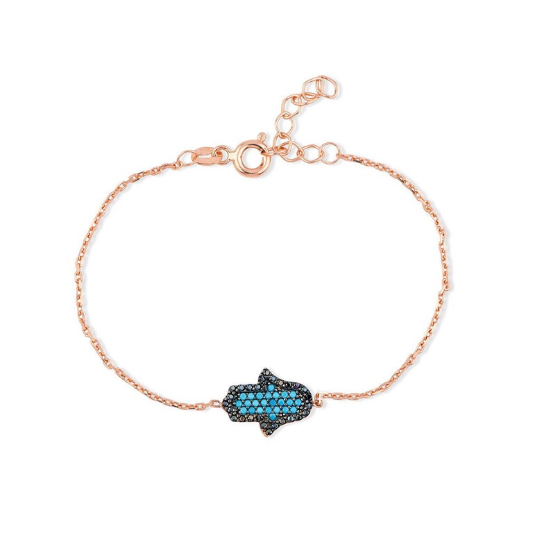 14K Rose Gold Plated Hamsa Handmade Bracelet Thin Gold Bracelet Black Cubic Zirconia CZ Gift for Her Women Girls