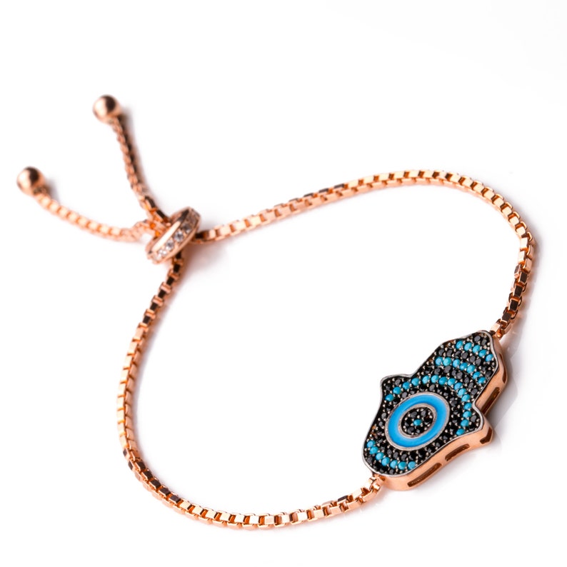 14K Rose Gold Plated Hamsa Handmade Bracelet Black Cubic Zirconia CZ Gift for Her Women Girls