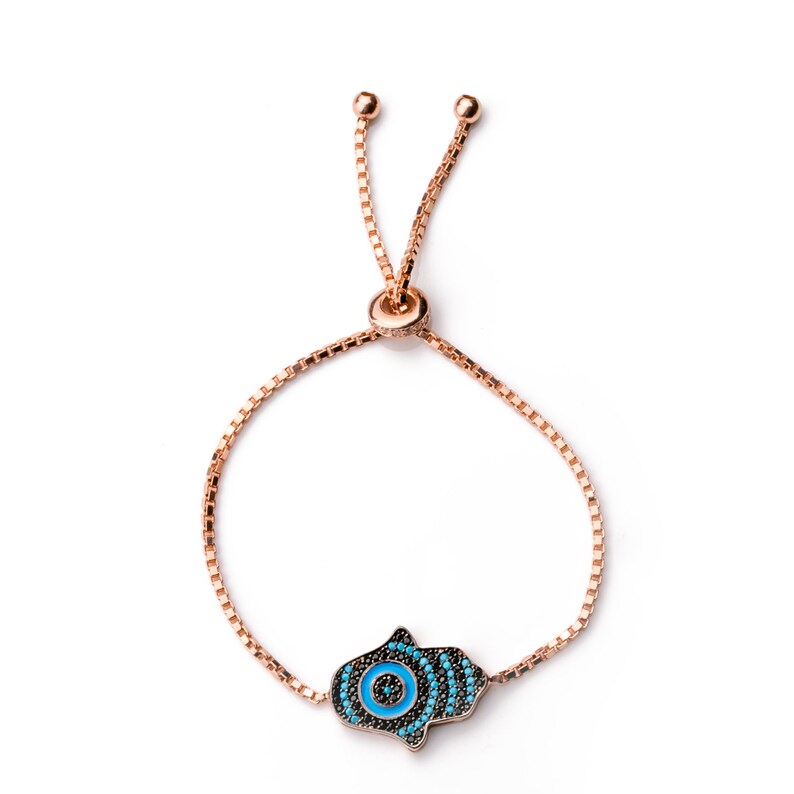 14K Rose Gold Plated Hamsa Handmade Bracelet Black Cubic Zirconia CZ Gift for Her Women Girls