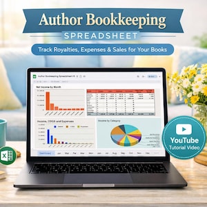 May include: A laptop displaying an author bookkeeping spreadsheet with charts and data. The screen shows income, expenses, and sales tracking. The image includes a teal mug, a notebook, a pen, and a candle. Text on the screen says "Author Bookkeeping Spreadsheet".