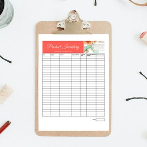 May include: A printable product inventory sheet with columns for date, supplier, product, product SKU, price per unit, cost of your inventory, and total of your inventory. The sheet has a pink header with the text "Product Inventory" and the website address "SMALLBIZHOME.SQUARESPACE.COM".