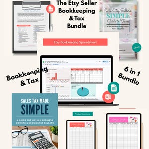May include: An Etsy seller bookkeeping and tax bundle, including an ebook, spreadsheet, and guides. The image features a laptop displaying a spreadsheet, a book titled "Sales Tax Made Simple", and other related documents. The bundle is designed for online business owners.