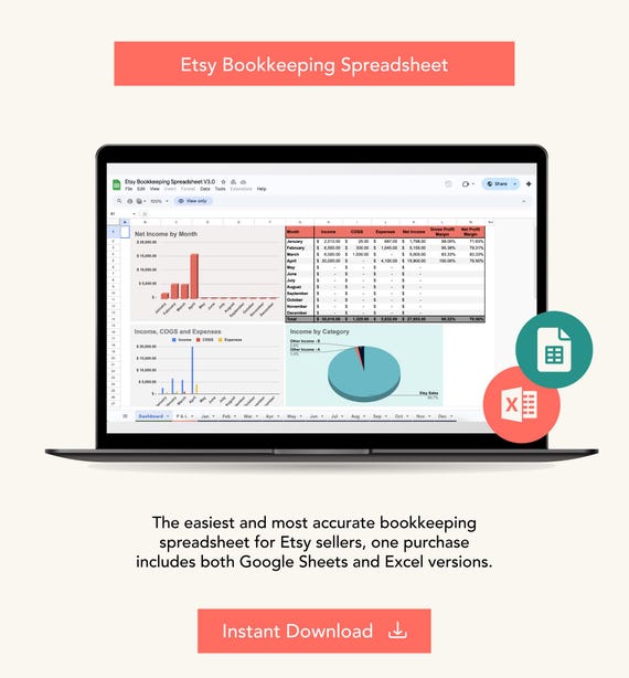 Etsy Seller Bookkeeping Spreadsheet designed by accountant in Google Sheets and Excel, Income & Expense Tracker