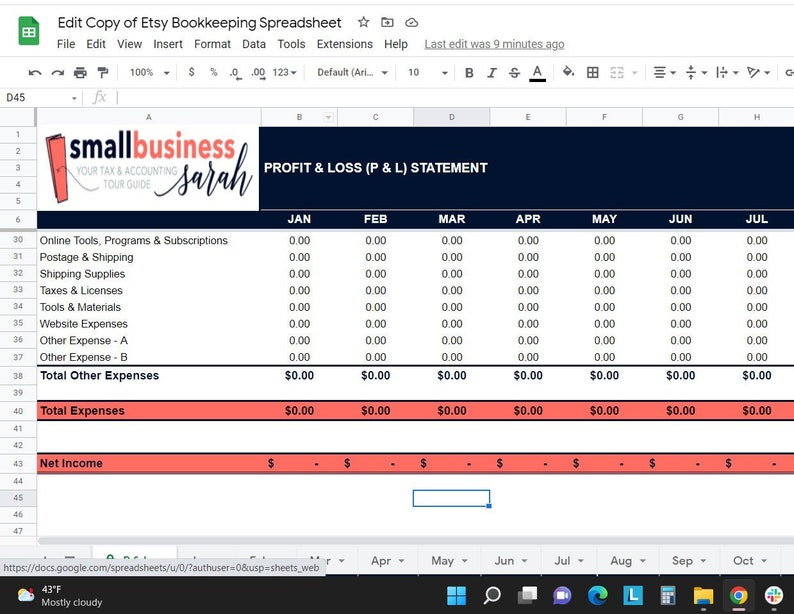 以下が含まれることがあります： 「Edit Copy of Etsy Bookkeeping Spreadsheet」というタイトルのGoogle Sheetsスプレッドシートのスクリーンショット。 スプレッドシートには、費用カテゴリーと月ごとの列を含む「Profit & Loss (P & L) Statement」が含まれています。