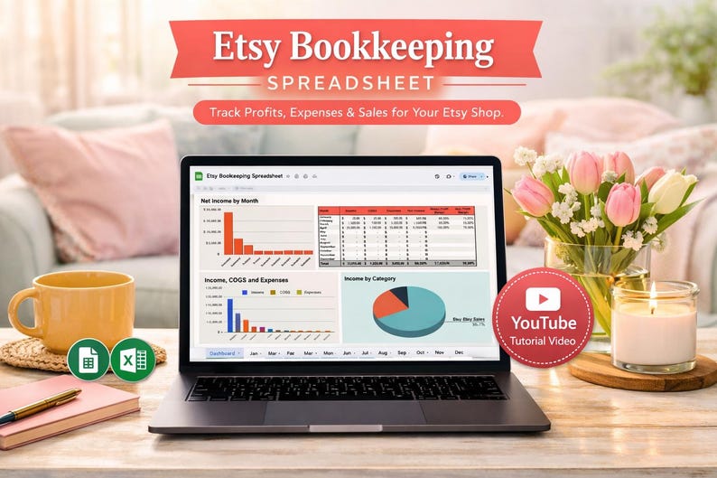 以下が含まれることがあります： ラップトップには、Etsyの簿記スプレッドシートが表示され、グラフが示されています。画面には、収入、費用、販売データが表示されます。黄色いマグカップ、ノート、ペンがテーブルにあります。「Etsy Bookkeeping Spreadsheet」というテキストが表示されています。