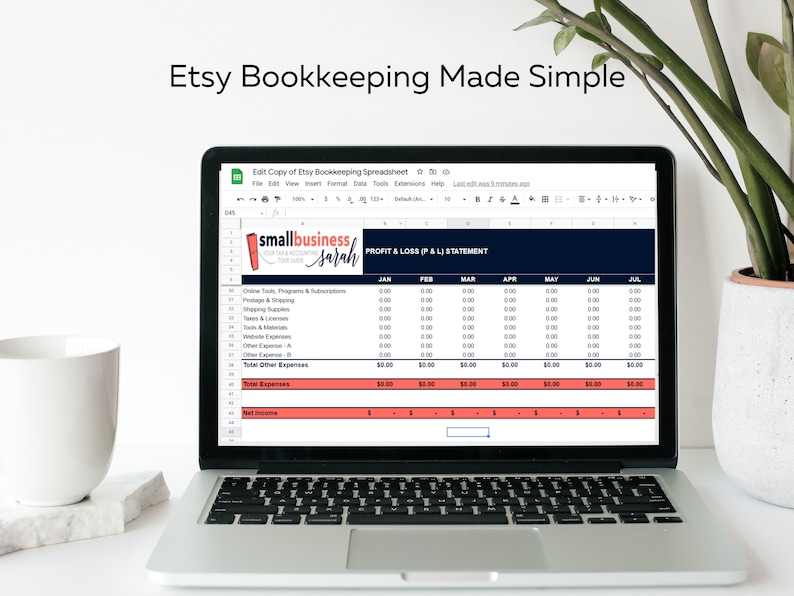 Simply add your business expenses to the monthly tabs, grab a few numbers from your Etsy finances page, and this spreadsheet will automatically calculate the income, expenses and profit or loss of your shop by month and year to date.