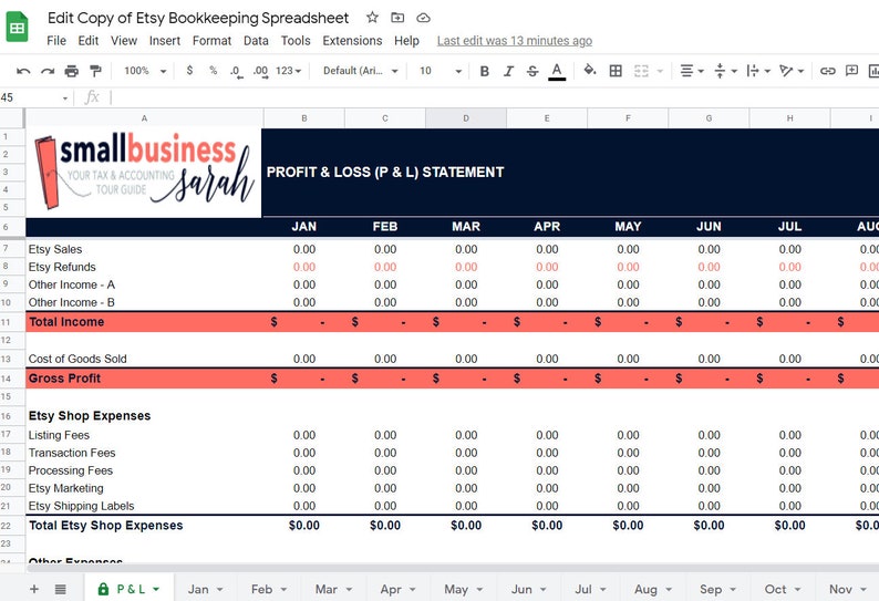 Bookkeeping Spreadsheet for Etsy Sellers, Income & Expense Tracker in Google Sheets, Profit and Loss Report, Be Ready for Taxes image 5