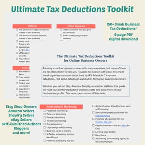 May include: A pink and white graphic with the text "Ultimate Tax Deductions Toolkit for Online Business Owners". The graphic lists common tax deductions for online business owners, including utilities, other expenses, advertising and marketing, and tools for Etsy, Amazon, Shopify, and eBay sellers.