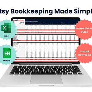 以下が含まれることがあります： 「Etsy Bookkeeping Made Simple」のテキストが表示されたスプレッドシートを映すラップトップ。ExcelとGoogle Sheetsのアイコン、そして「Instructional Video」と「Instant Download」のラベルが含まれています。