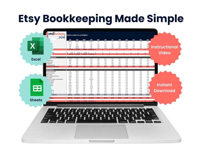 以下が含まれることがあります： 「Etsy Bookkeeping Made Simple」のテキストが表示されたスプレッドシートを映すラップトップ。ExcelとGoogle Sheetsのアイコン、そして「Instructional Video」と「Instant Download」のラベルが含まれています。