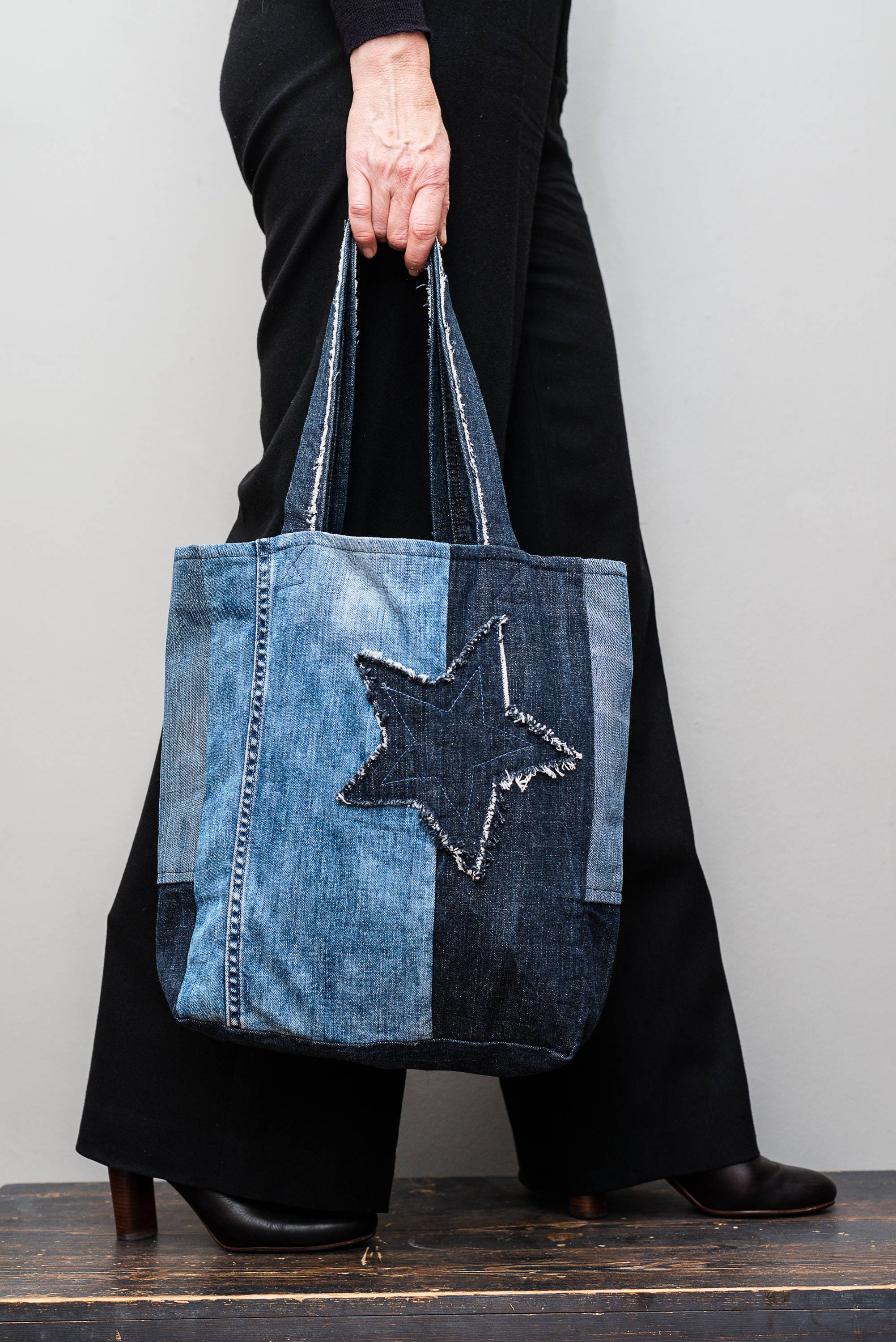 【PORTERNA】Ray Denim Tote Bag Handmade Rxtra Large Denim Bag, Jean Tote Bag, Blue