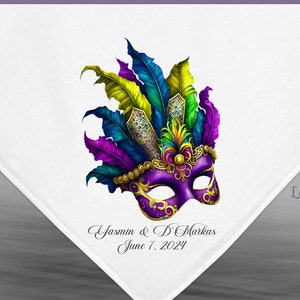 Personalized Mardi Gras Mask Handkerchief, Second Line Wedding Favors