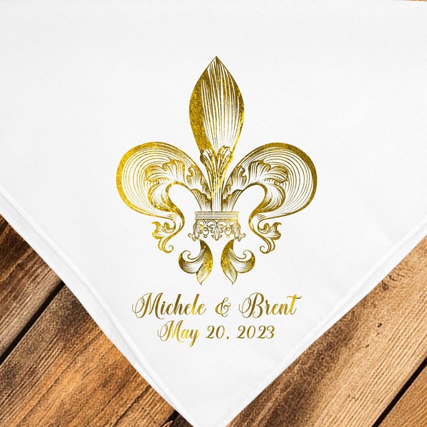 Gold Fleur De Lis Second Line Handkerchief | Personalize Handkerchiefs | Wedding Favors | Custom Made for Weddings Events Party | 17" x 17"