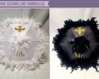 Second Line Umbrellas - Bride & Groom Set of 2 - 19" Umbrellas - FEATHERS - Fleur-De-Lis - Mr/Mrs or Bride/Groom