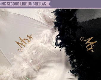 Wedding Second Line Umbrellas - Bride & Groom Set of 2 - Large 19" Umbrellas - With FEATHERS - Fleur-De-Lis - Mr/Mrs or Bride/Groom