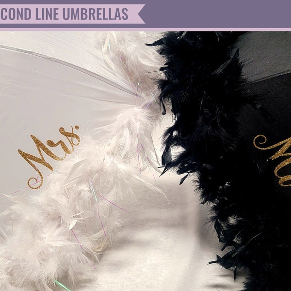 Wedding Second Line Umbrellas - Bride & Groom Set of 2 - Large 19" Umbrellas - With FEATHERS - Fleur-De-Lis - Mr/Mrs or Bride/Groom