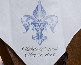 Blue Fleur De Lis Second Line Handkerchief | Personalize Handkerchiefs | Wedding Favors | Custom Made for Weddings Events Party | 17" x 17"