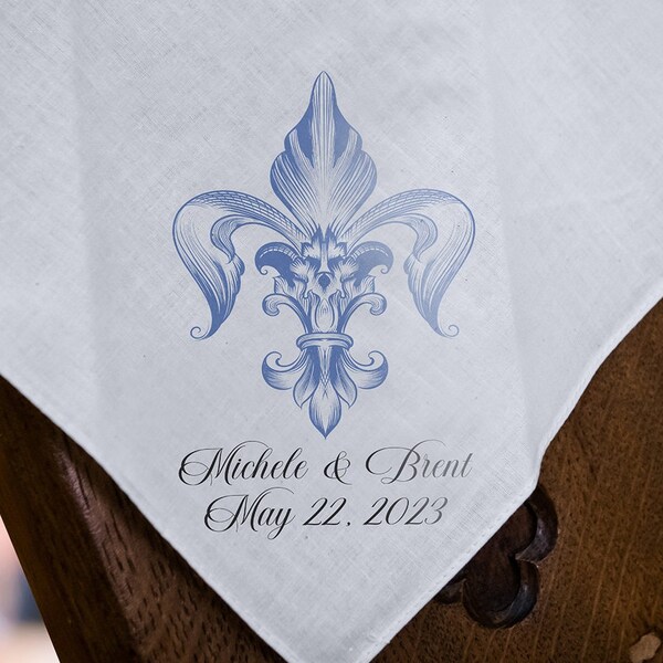 Blue Fleur De Lis Second Line Handkerchief | Personalize Handkerchiefs | Wedding Favors | Custom Made for Weddings Events Party | 17" x 17"