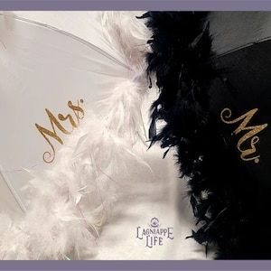 Wedding Second Line Umbrellas - Bride & Groom Set of 2 - Large 19&quot; Umbrellas - With FEATHERS - Fleur-De-Lis - Mr/Mrs or Bride/Groom