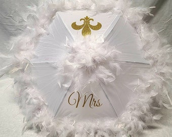 Wedding Second Line Umbrella - Wedding Dance Umbrella - Bride or Groom ONE 19" Umbrella - With Feathers - Umbrella with Fleur-De-Lis