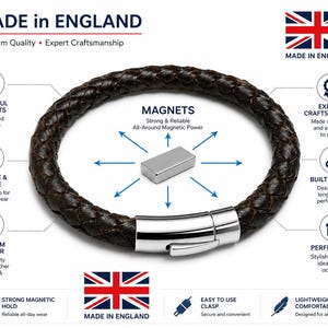 Op de afbeelding: Gevlochten donkerbruine leren armband met een roestvrijstalen sluiting. De armband heeft een magnetische sluiting en wordt aangeprezen als duurzaam en lichtgewicht. De tekst "MADE in ENGLAND" is zichtbaar.