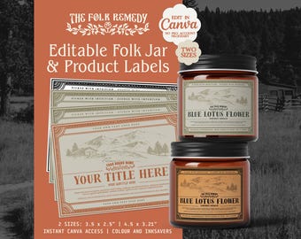 Editable Folk Herbalist Apothecary Jar Labels Canva Templates Botanical Folk Design Dried Herb Label Printable Herbalist Packaging