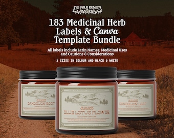 Dried Herb Labels and Editable Canva Template BUNDLE Botanical ID Folk Herbalist Homestead Design Herb Jar and Packaging Apothecary Labels