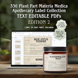 May include: A laptop displays apothecary labels, with a jar of Marshmallow Root in front. The image includes text: "336 Plant Part Materia Medica Apothecary Label Collection TEXT EDITABLE PDFs EDITION 2". The labels are in two colors and black and white.