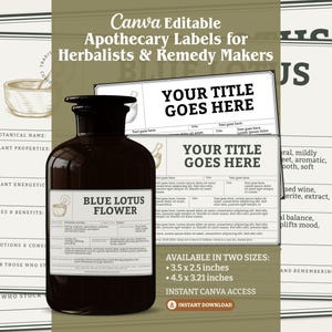 Editable Apothecary Herb Jar Label Canva Template Adaptable Botanical ID Medicinal Uses Herbal Product Packaging Labels Pantry Storage